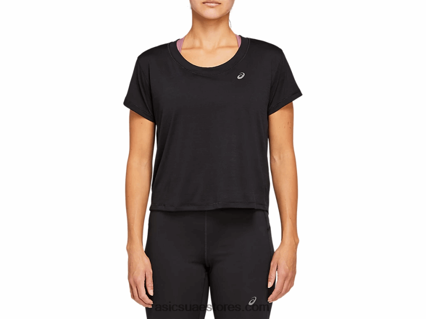 Asics أسود الأداء أعلى محصول سباق المرأة قصيرة الأكمام 2N24DJ4142