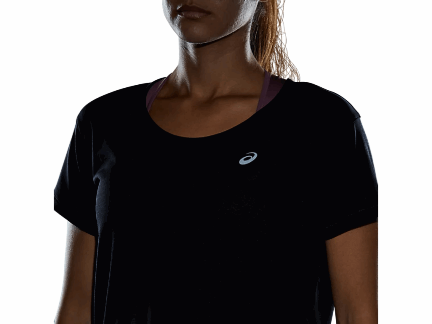 Asics أسود الأداء أعلى محصول سباق المرأة قصيرة الأكمام 2N24DJ4142