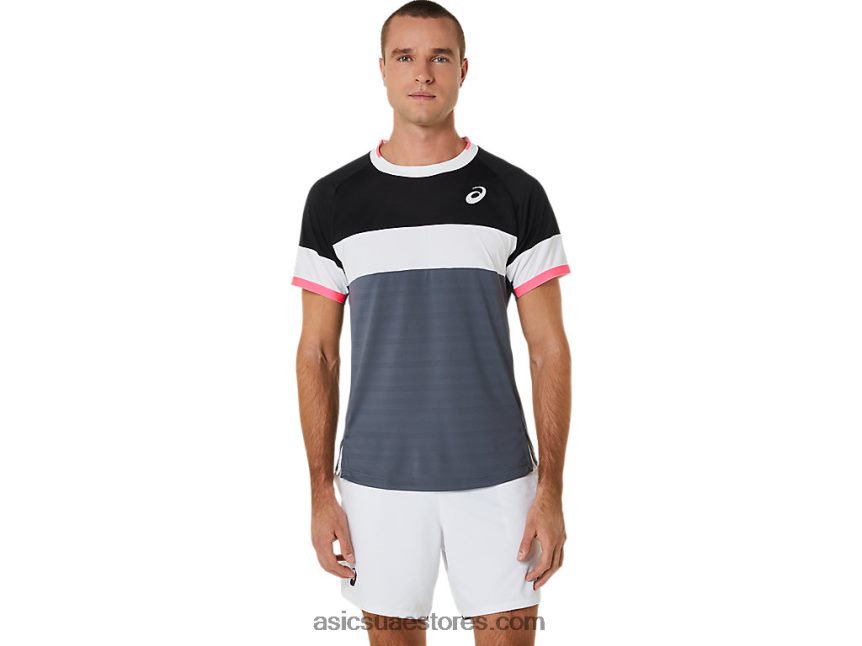 Asics أداء أسود / رمادي الناقل الرجال مباراة قصيرة الأكمام الأعلى 2N24DJ454