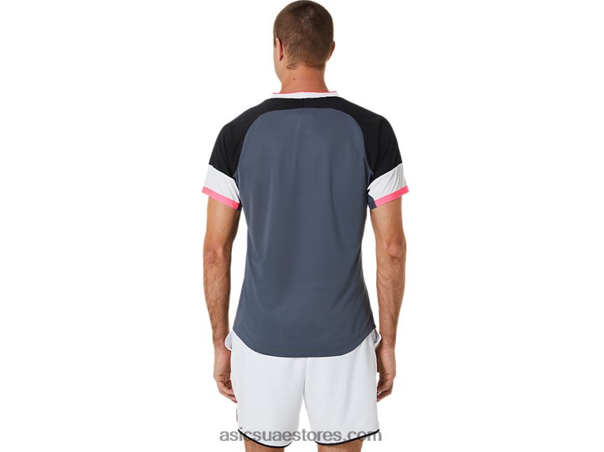 Asics أداء أسود / رمادي الناقل الرجال مباراة قصيرة الأكمام الأعلى 2N24DJ454