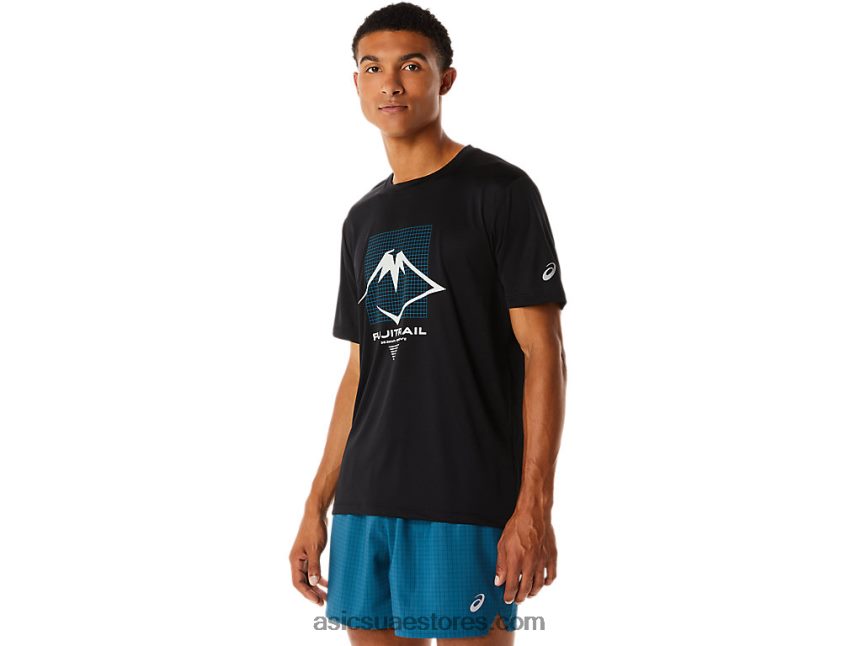 Asics أسود الأداء توب قصير الأكمام بشعار فوجيتريل للرجال 2N24DJ526