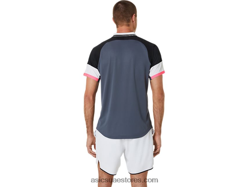 Asics أداء أسود / رمادي الناقل قميص بولو مباراة رجالية 2N24DJ564