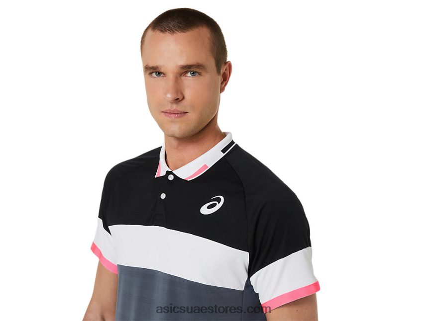 Asics أداء أسود / رمادي الناقل قميص بولو مباراة رجالية 2N24DJ564
