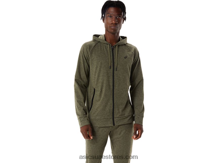 Asics هيذر أخضر عباءة / بيرف بلاك هودي بسحاب كامل تك للرجال 2N24DJ851
