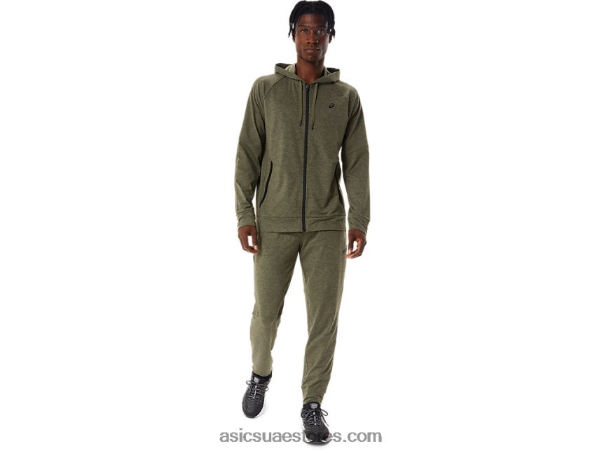 Asics هيذر أخضر عباءة / بيرف بلاك هودي بسحاب كامل تك للرجال 2N24DJ851