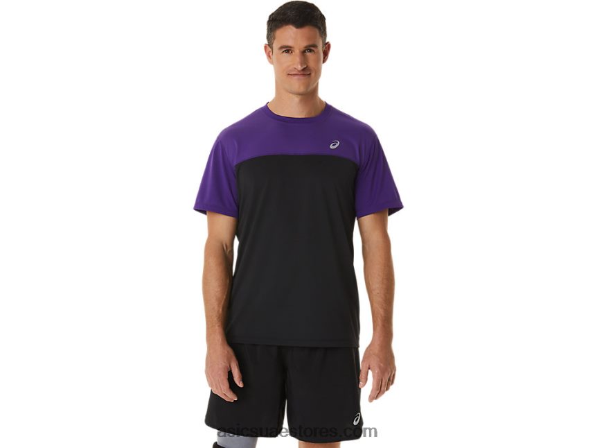 Asics مربى العنب / أسود الأداء الرجال أعلى قصيرة الأكمام سباق 2N24DJ891