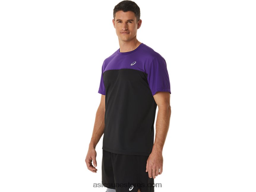 Asics مربى العنب / أسود الأداء الرجال أعلى قصيرة الأكمام سباق 2N24DJ891