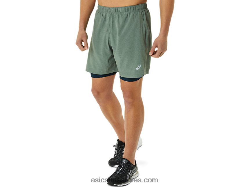 Asics الحزاز الأخضر هيذر / الأزرق الفرنسي رجال 7 في 2 في 1 قصير 2N24DJ1352