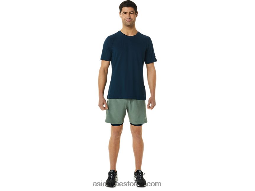 Asics الحزاز الأخضر هيذر / الأزرق الفرنسي رجال 7 في 2 في 1 قصير 2N24DJ1352