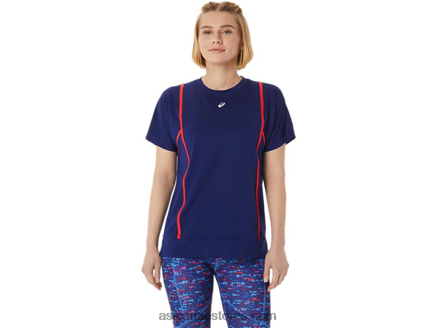Asics تنبيه الغوص الأزرق / الأحمر المرأة الجديدة القوية 92 قصيرة الأكمام الأعلى 2N24DJ3056