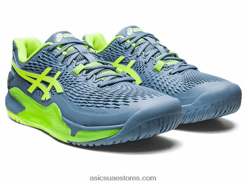 Asics أزرق صلب / أخضر خطر دقة هلام 9 واسعة 2N24DJ364