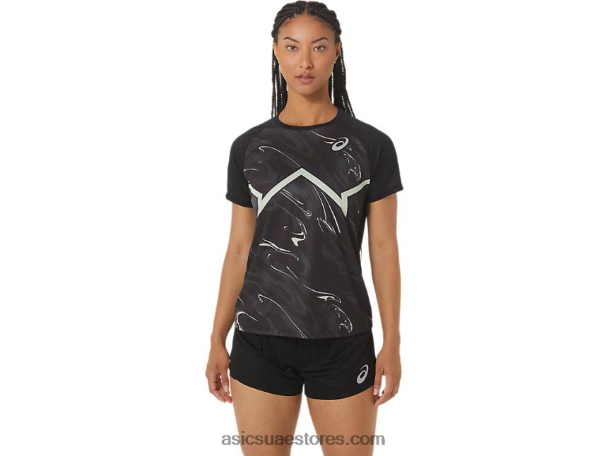 Asics أداء أسود / همس أخضر المرأة قصيرة الأكمام ضوء خط cj أعلى 2N24DJ2337