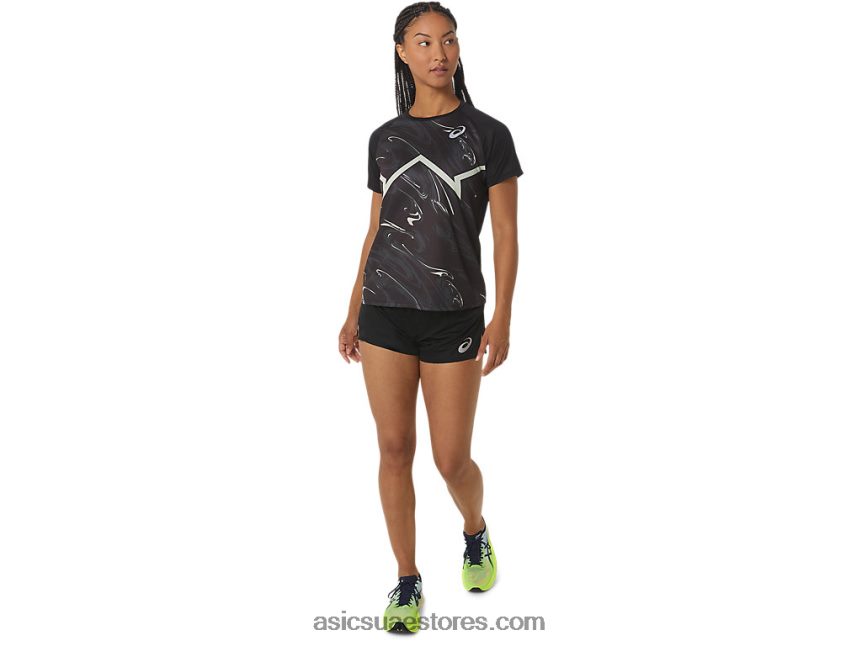 Asics أداء أسود / همس أخضر المرأة قصيرة الأكمام ضوء خط cj أعلى 2N24DJ2337