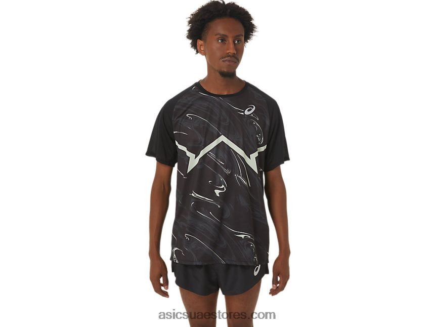 Asics أداء أسود / همس أخضر الرجال قصير الأكمام ضوء خط cj أعلى 2N24DJ255