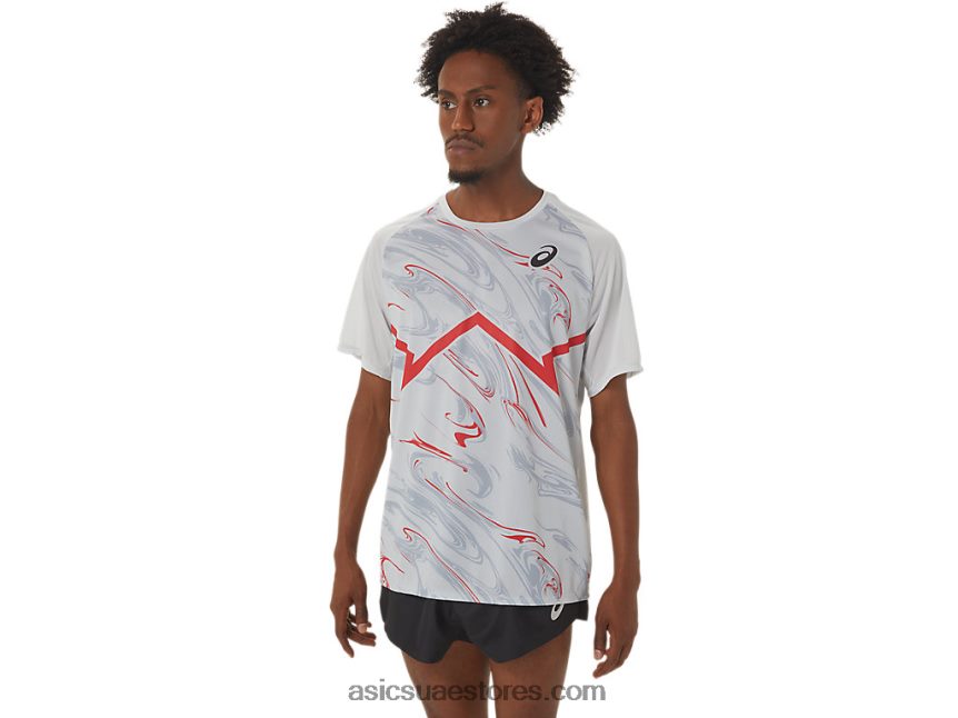Asics رمادي جليدي / أحمر كهربائي الرجال قصير الأكمام ضوء خط cj أعلى 2N24DJ258