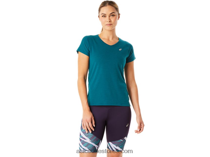 Asics الصنوبر المخملي بلوزة نسائية بأكمام قصيرة ورقبة على شكل حرف v 2N24DJ3078