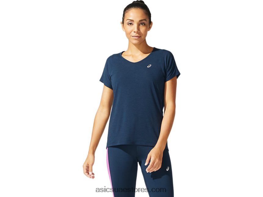 Asics الأزرق الفرنسي بلوزة نسائية بأكمام قصيرة ورقبة على شكل حرف v 2N24DJ4044